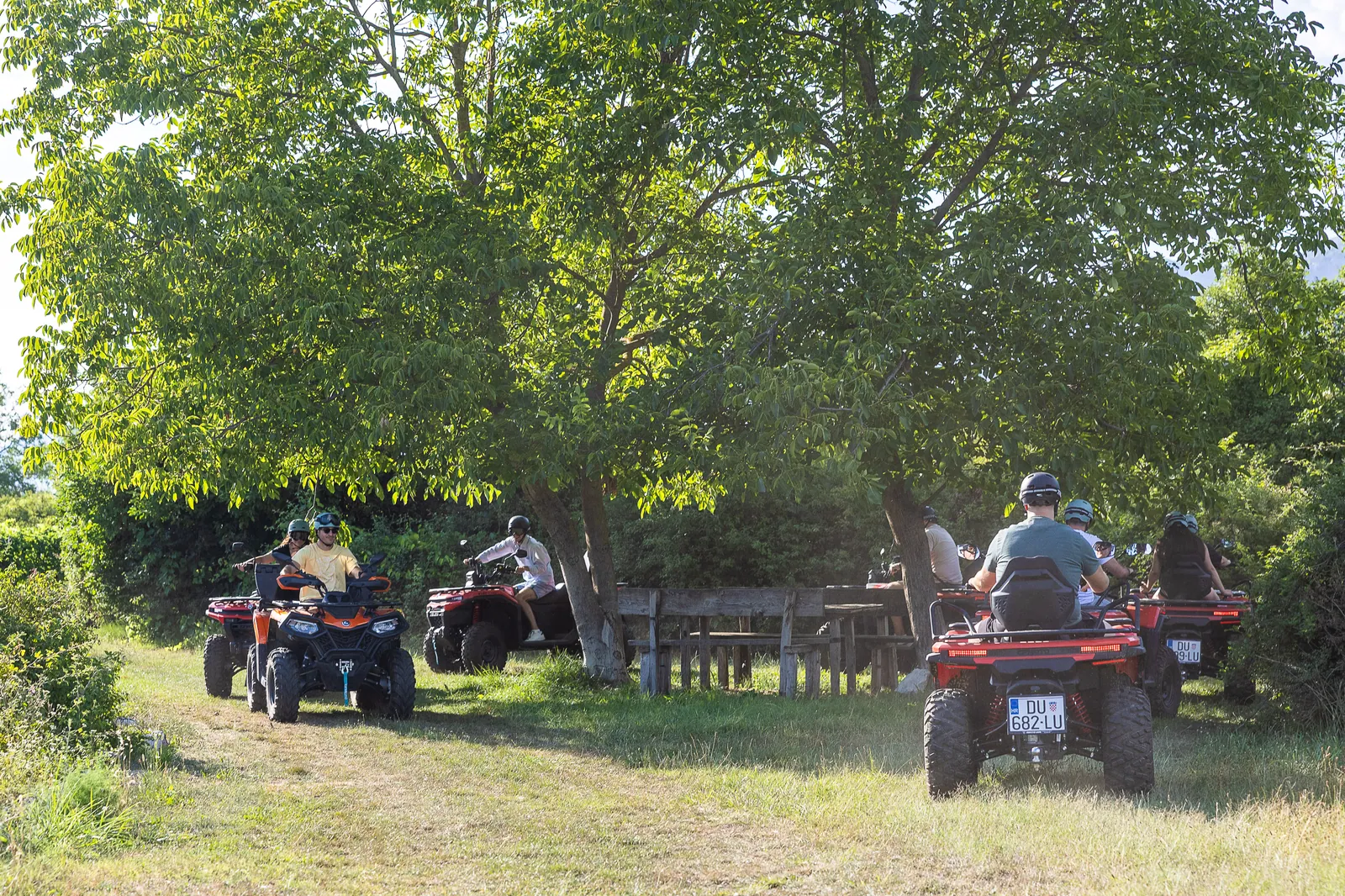 Quads resting in the shade of a plane tree by the Ljuta river